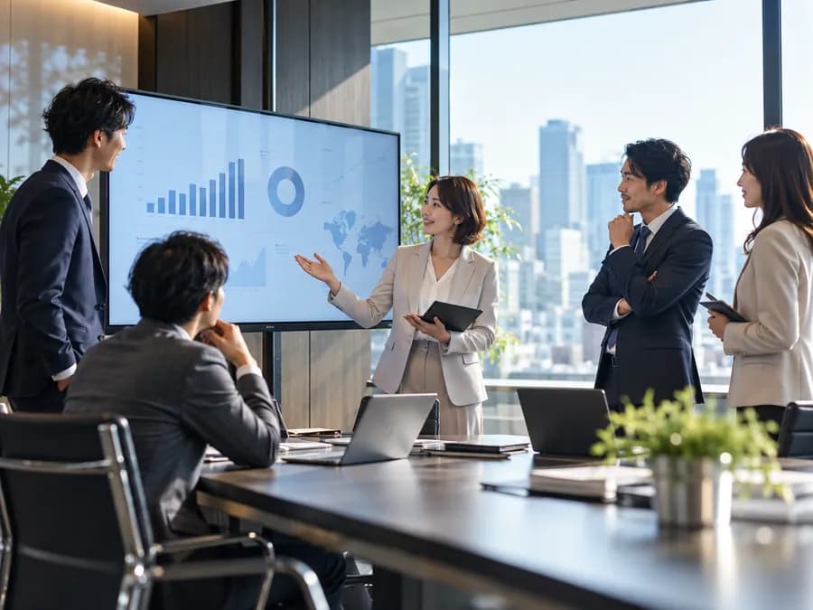 モニターを使って打ち合わせをする営業チーム